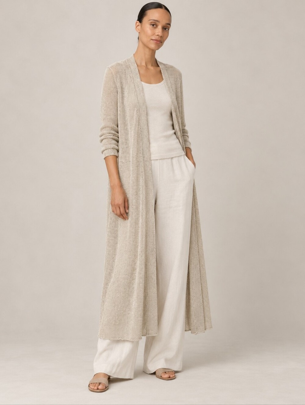 Eileen Fisher Open Knit Longline Cardigan Size L 100% Wool